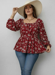 Daverri Fashions Floral Print Square Neck Long Sleeve Peplum Blouse - DAVERRI FASHIONS