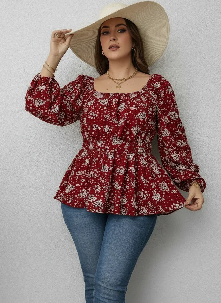 Daverri Fashions Floral Print Square Neck Long Sleeve Peplum Blouse - DAVERRI FASHIONS