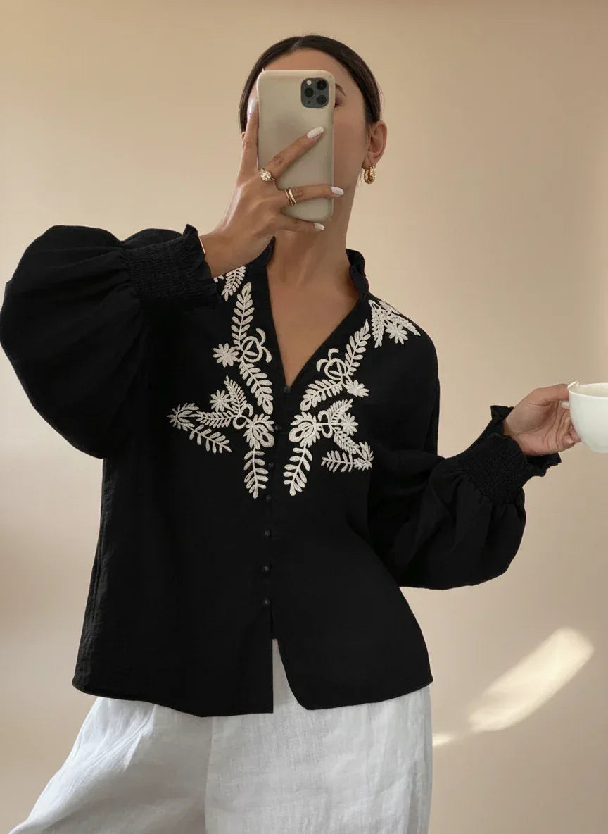 Daverri Fashions Embroidered Notched Long Sleeve Blouse - DAVERRI FASHIONS