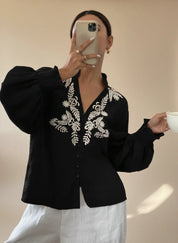 Daverri Fashions Embroidered Notched Long Sleeve Blouse - DAVERRI FASHIONS