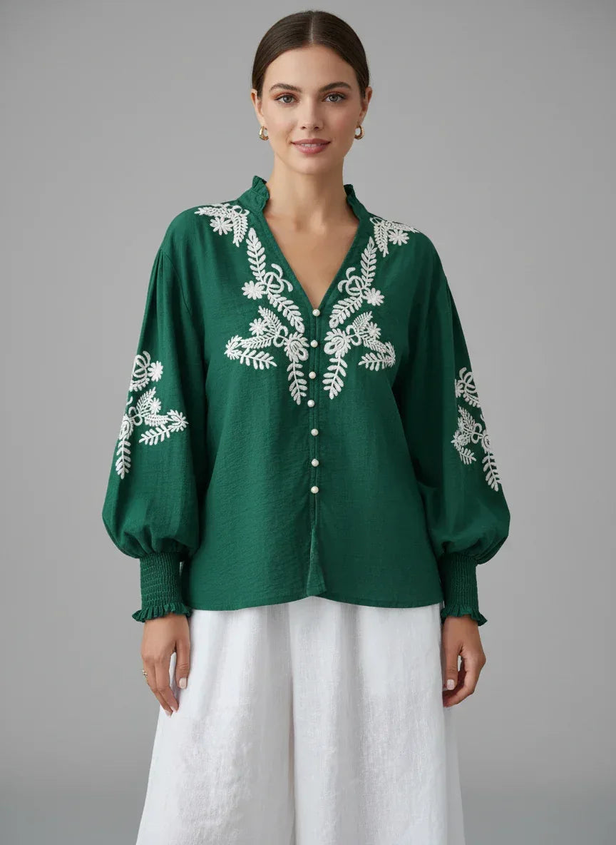 Daverri Fashions Embroidered Notched Long Sleeve Blouse - DAVERRI FASHIONS