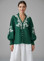 Daverri Fashions Embroidered Notched Long Sleeve Blouse - DAVERRI FASHIONS