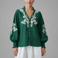 Daverri Fashions Embroidered Notched Long Sleeve Blouse - DAVERRI FASHIONS