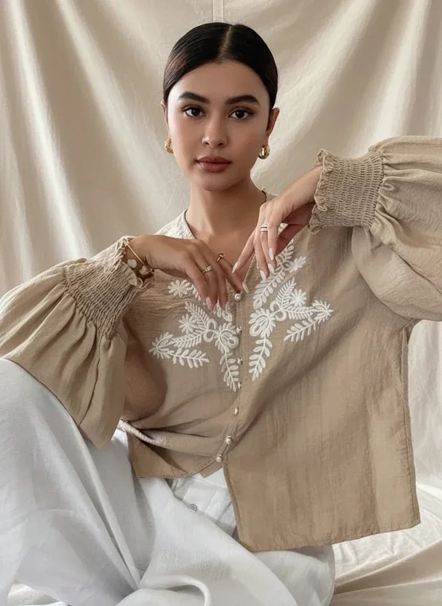 Daverri Fashions Embroidered Notched Long Sleeve Blouse - DAVERRI FASHIONS