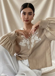 Daverri Fashions Embroidered Notched Long Sleeve Blouse - DAVERRI FASHIONS