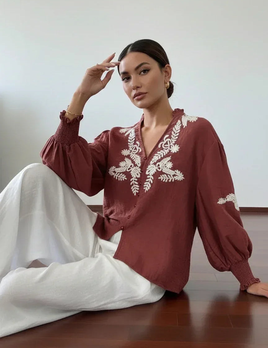 Daverri Fashions Embroidered Notched Long Sleeve Blouse - DAVERRI FASHIONS