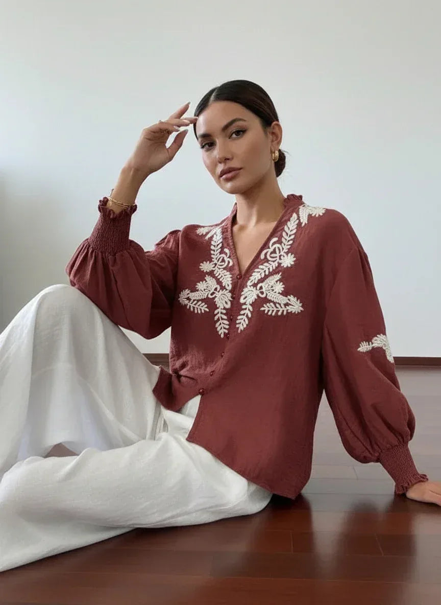 Daverri Fashions Embroidered Notched Long Sleeve Blouse - DAVERRI FASHIONS