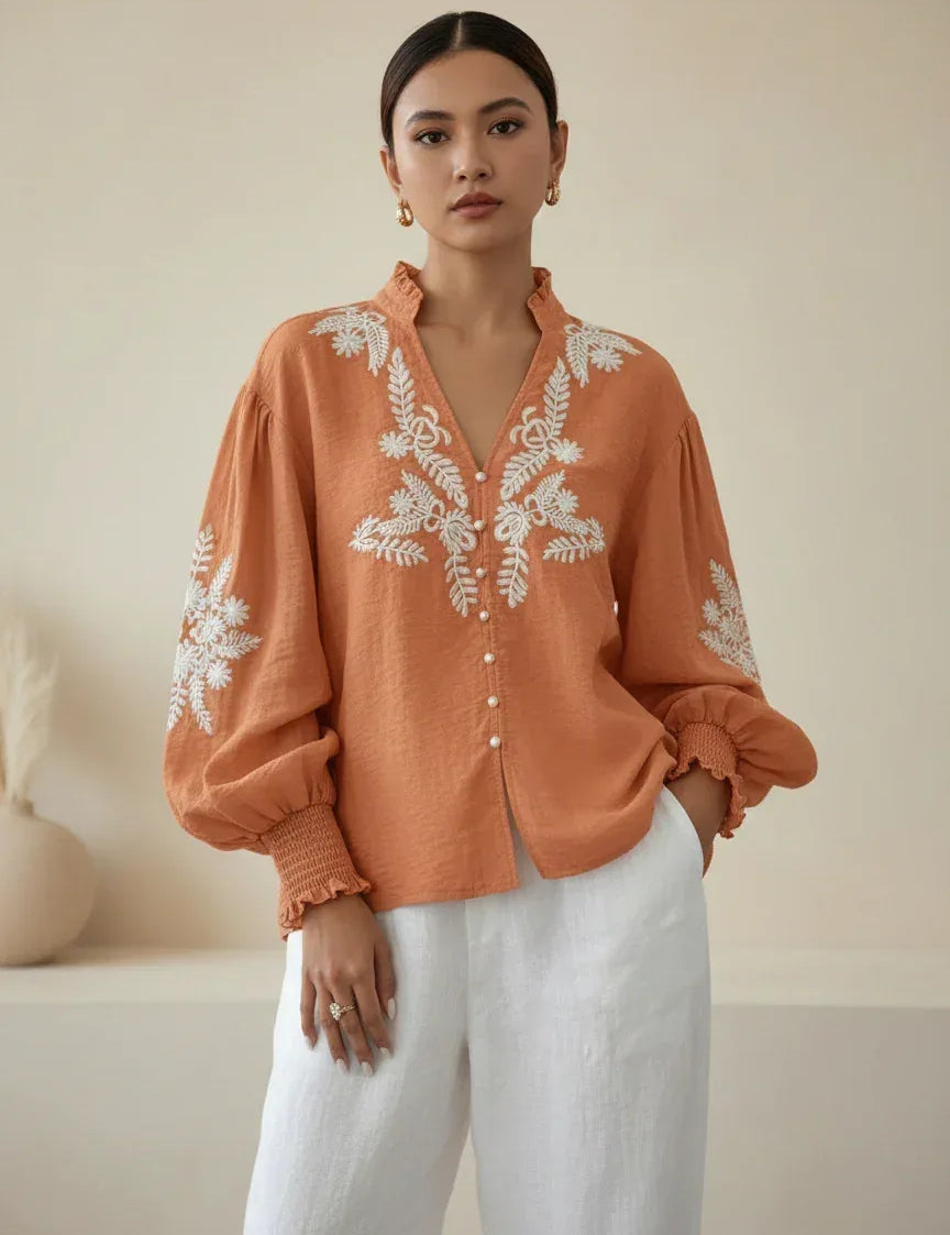 Daverri Fashions Embroidered Notched Long Sleeve Blouse - DAVERRI FASHIONS