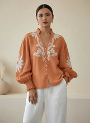 Daverri Fashions Embroidered Notched Long Sleeve Blouse - DAVERRI FASHIONS