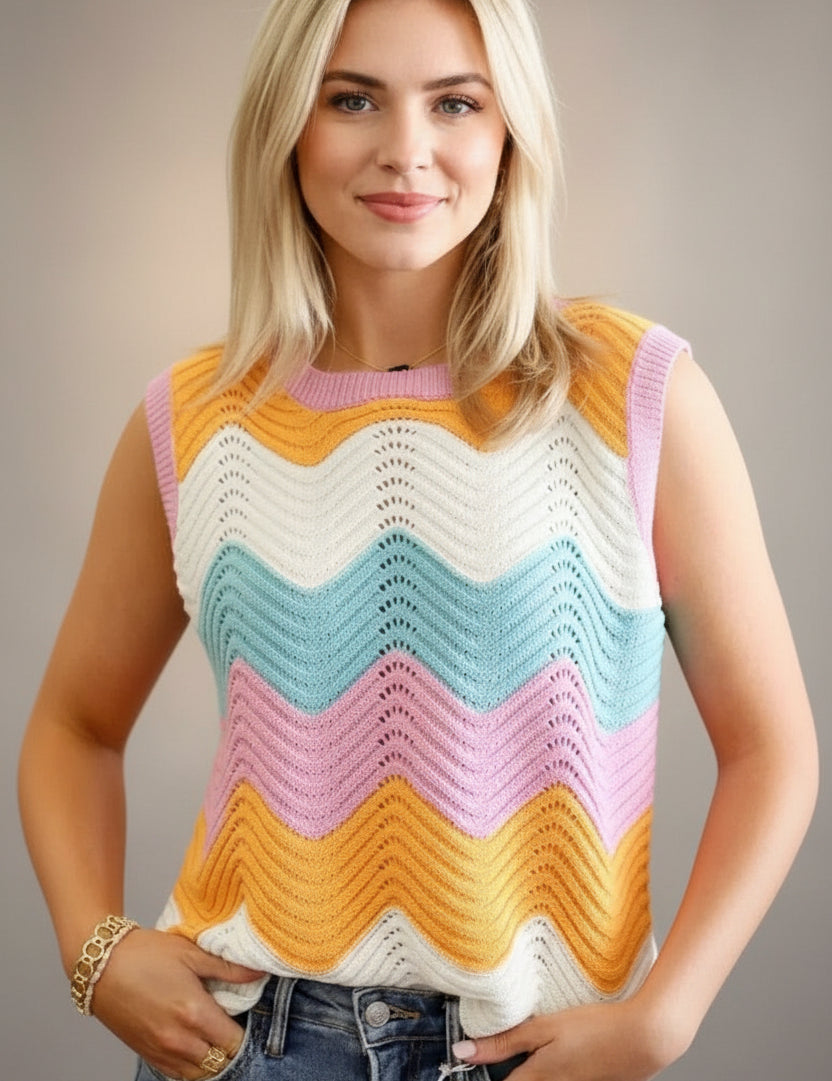 Pastel zigzag sleeveless Daverri Fashions ribbed sweater vest