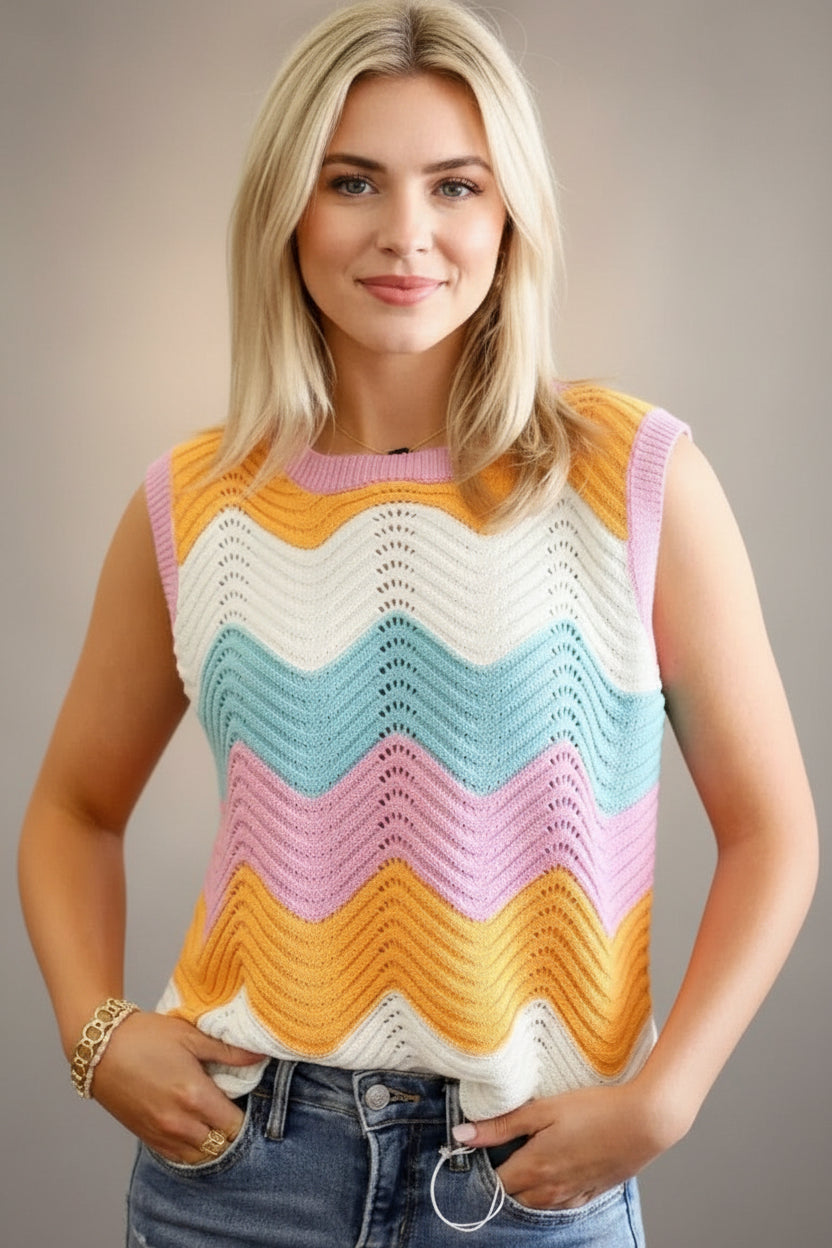 Pastel zigzag sleeveless Daverri Fashions ribbed sweater vest