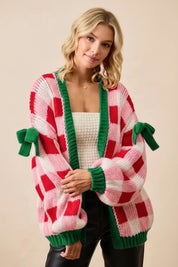 Candy Cane Knit Christmas Cardigan with Bow-Tie Sleeves