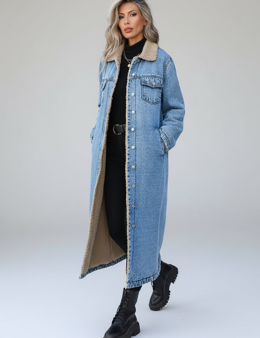 Light blue Sherpa lined longline denim jacket with fur collar