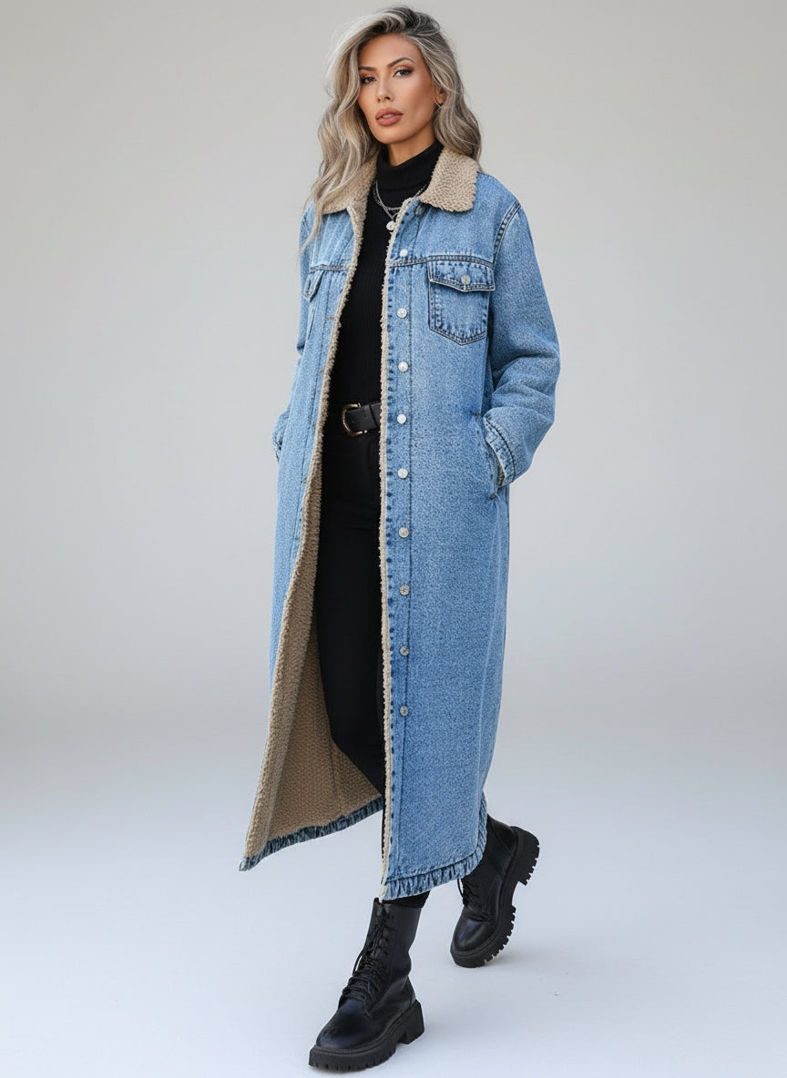 Light blue Sherpa lined longline denim jacket with fur collar
