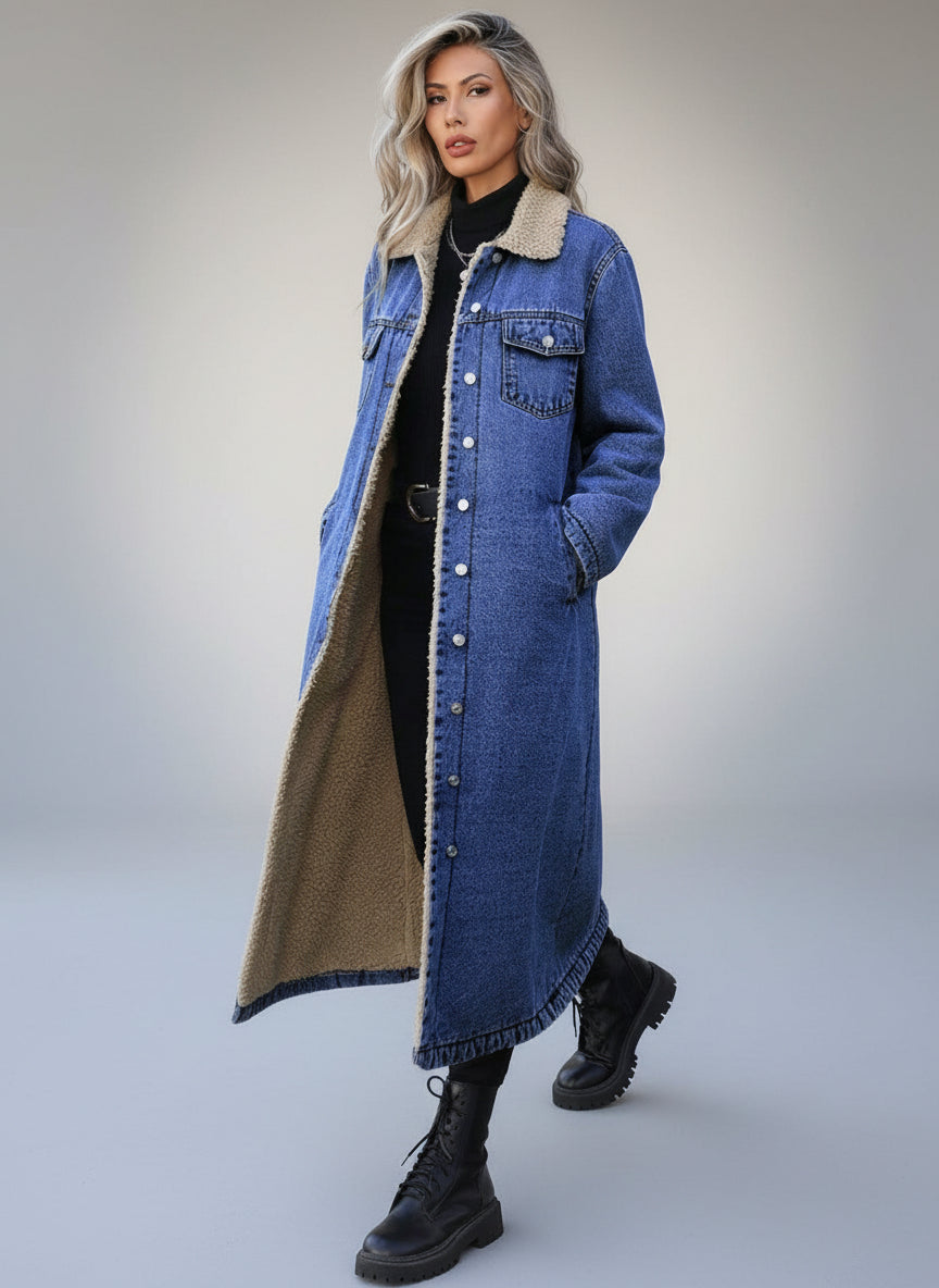 Sherpa lined longline denim jacket in dark blue cotton with fur collar