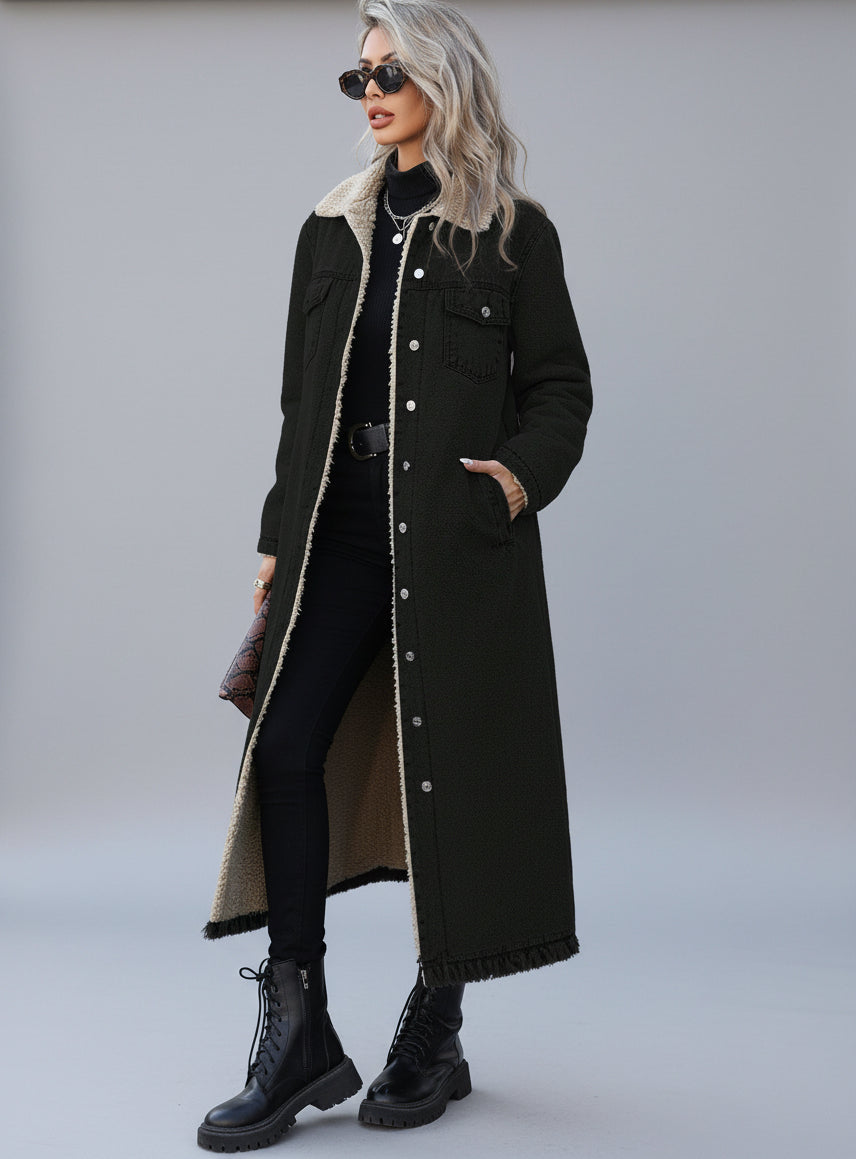 Olive green sherpa lined longline denim jacket with white buttons