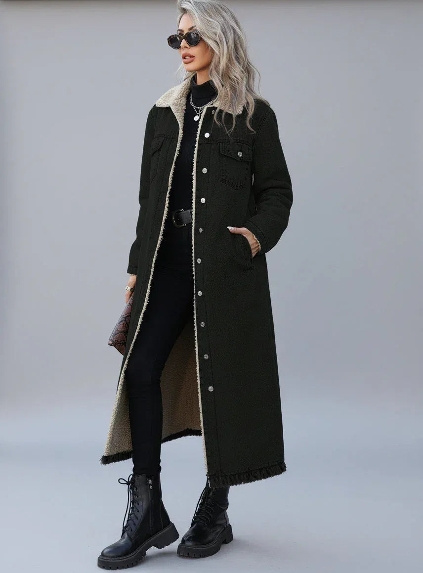 Daverri Fashions Sherpa Lined Longline Denim Jacket - DAVERRI FASHIONS
