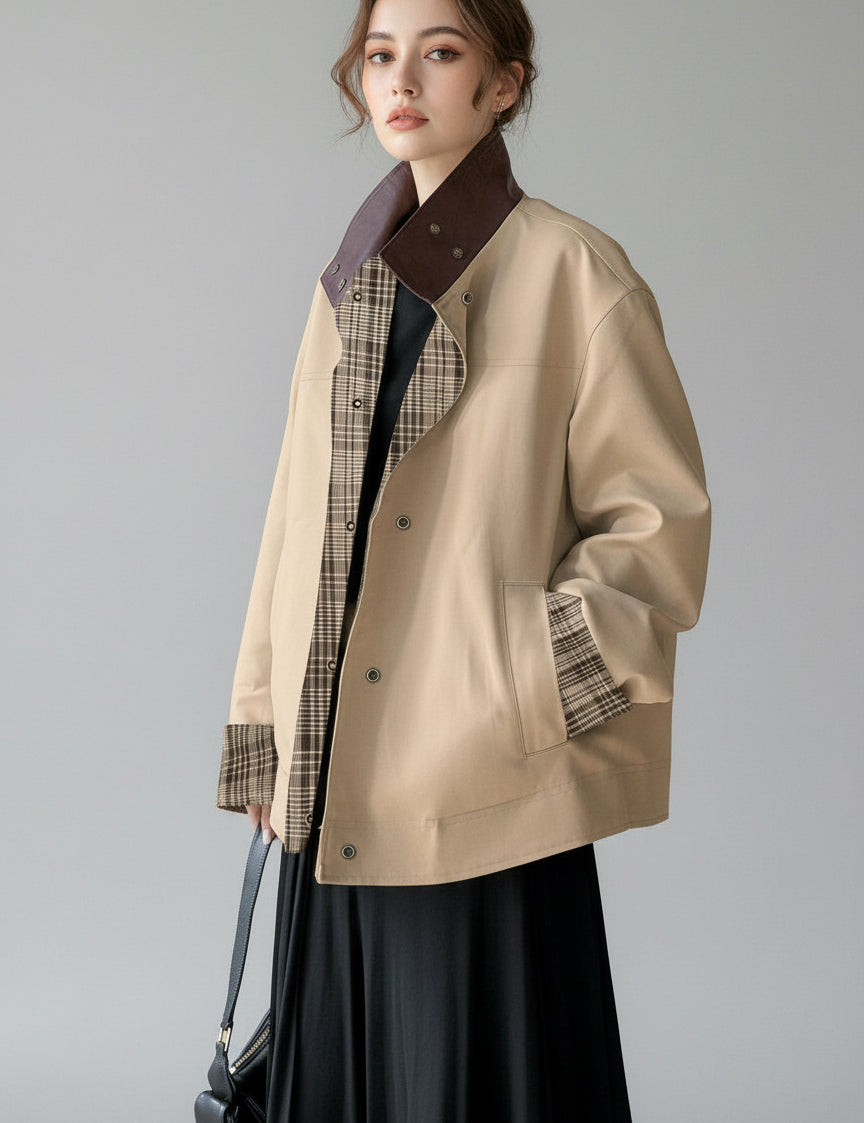 Daverri Fashions oversized beige plaid patchwork jacket with brown accents