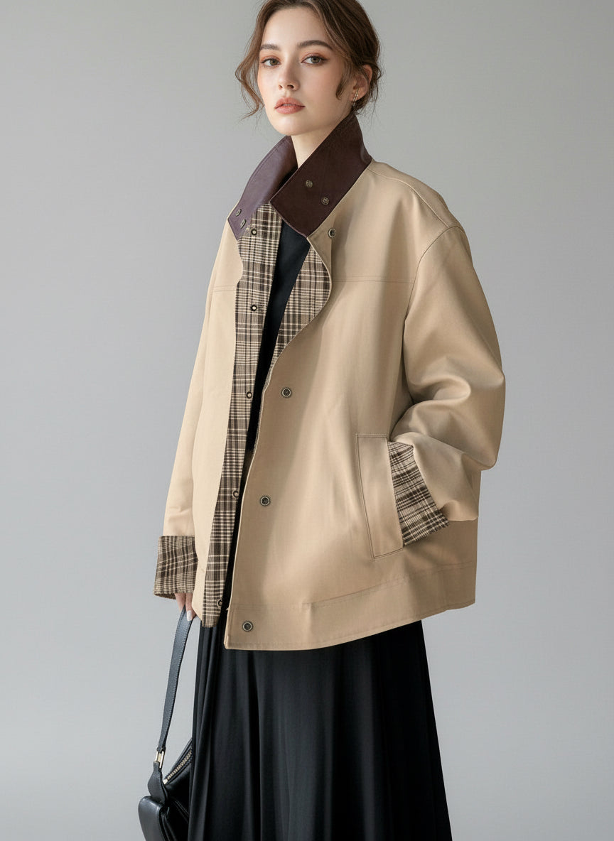 Daverri Fashions oversized beige plaid patchwork jacket with brown accents