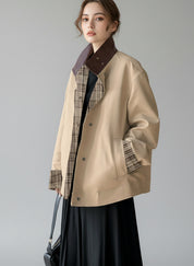 Daverri Fashions oversized beige plaid patchwork jacket with brown accents