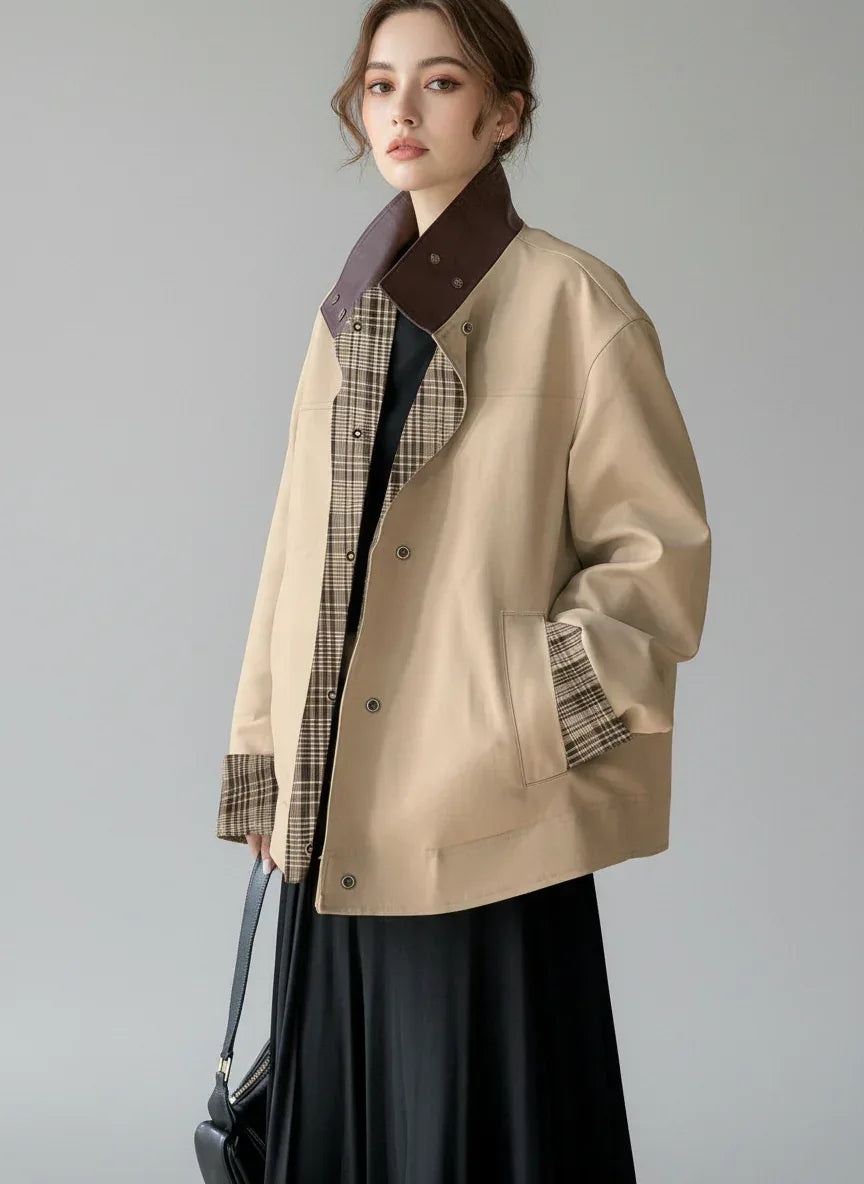 Daverri Fashions Oversized Contrast Plaid Snap Down Jacket - DAVERRI FASHIONS