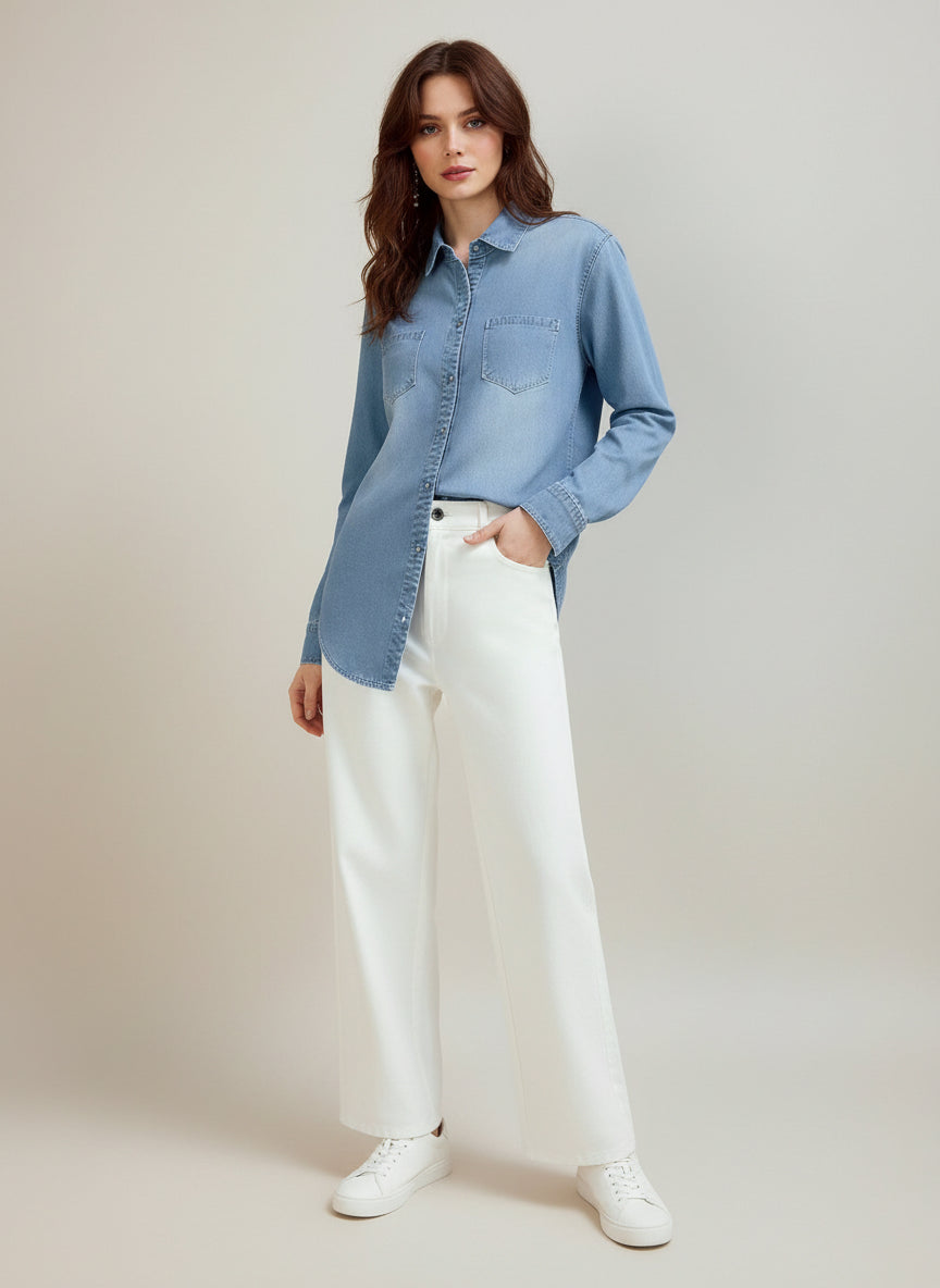 White wide-leg jeans with relaxed fit and button-down front in Daverri Fashions plus size