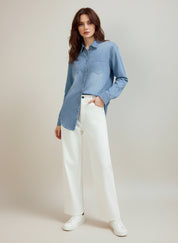 White wide-leg jeans with relaxed fit and button-down front in Daverri Fashions plus size