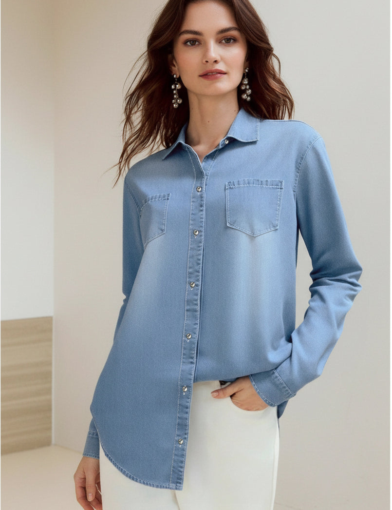 Light blue Daverri Fashions plus size button-up long sleeve denim shirt