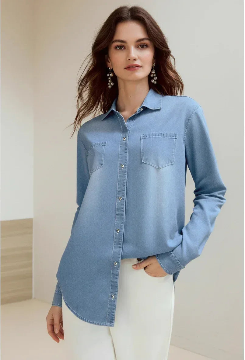 Daverri Fashions Full Size Button-Up Long Sleeve Denim Shirt Plus Size - DAVERRI FASHIONS