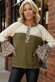 Kori America Floral Contrast Boho Bell Sleeve Cotton T-Shirt
