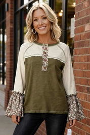 Kori America Floral Contrast Boho Bell Sleeve Cotton T-Shirt