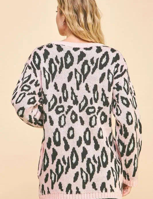 Davi & Dani Leopard Ribbon Tie Front Loose Fit Cardigan Tops