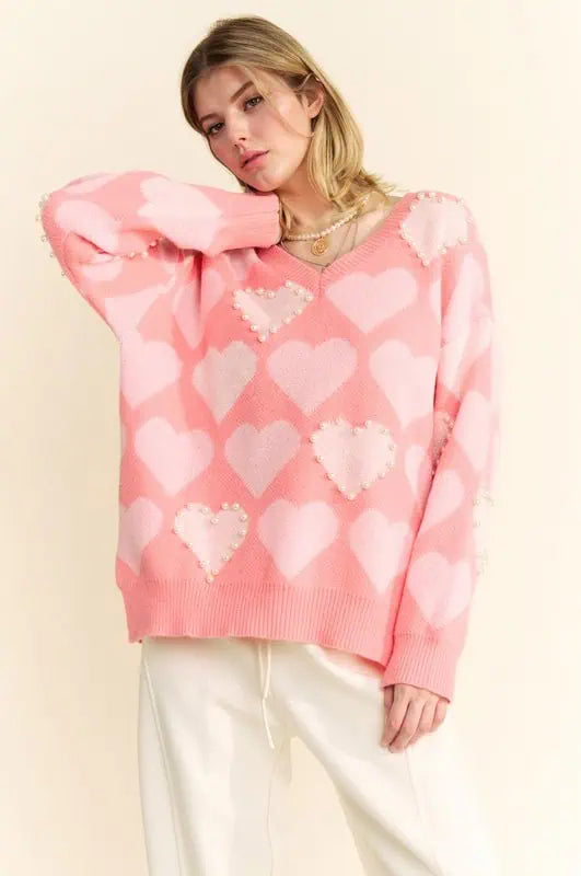 Davi & Dani Heart Pearl Side Slit V Neck Sweater Tops