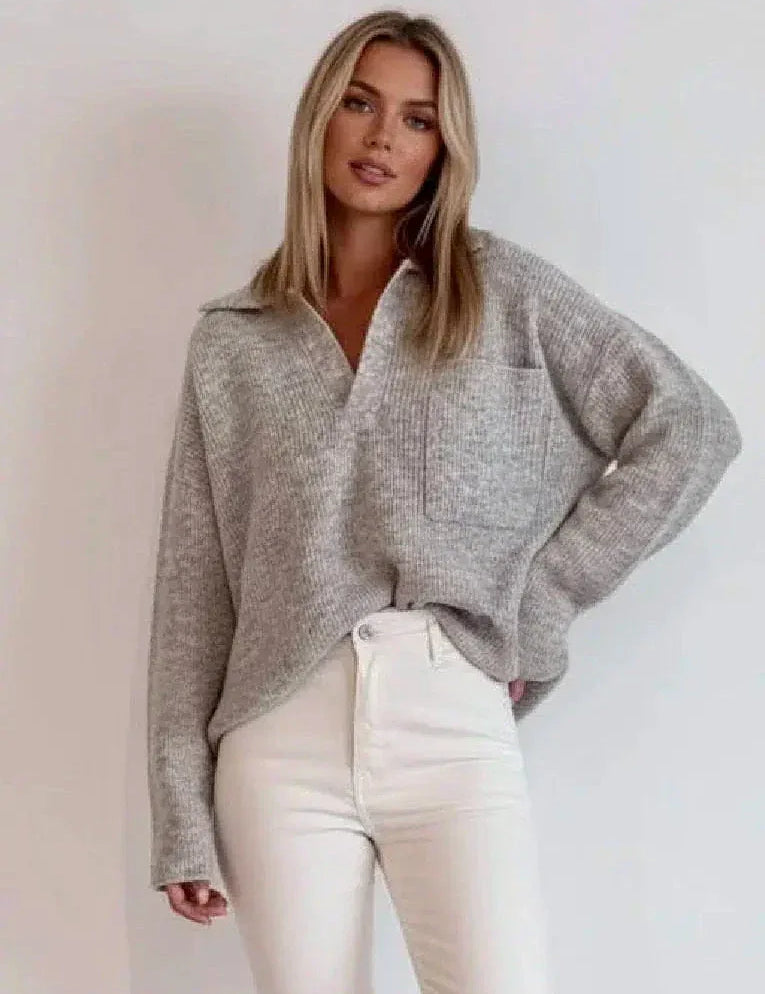 Daverri Fashions Full Size Johnny Collar Dropped Shoulder Sweater Plus Size - DAVERRI FASHIONS