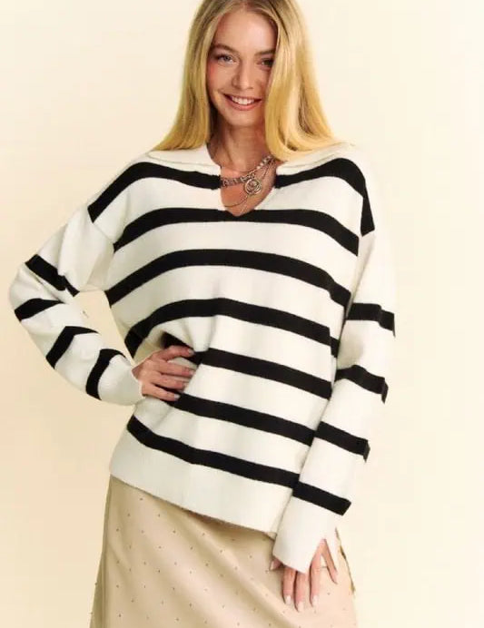 Davi & Dani High-Low Side Slit Striped Johnny Collar Sweater Tops