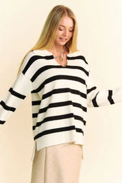 Davi & Dani High-Low Side Slit Striped Johnny Collar Sweater Tops