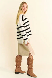 Davi & Dani High-Low Side Slit Striped Johnny Collar Sweater Tops