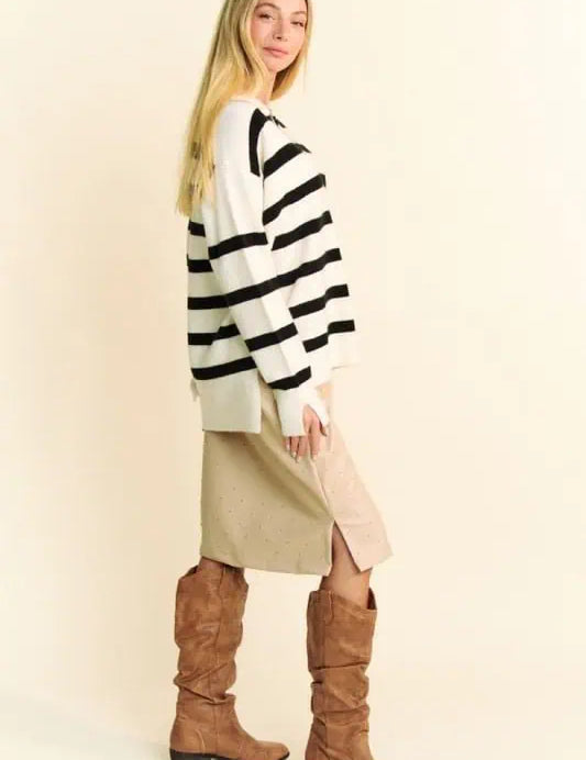 Davi & Dani High-Low Side Slit Striped Johnny Collar Sweater Tops