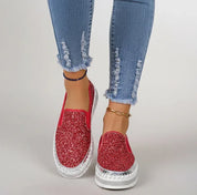 Rhinestone Round Toe Platform Loafers - DAVERRI FASHIONS