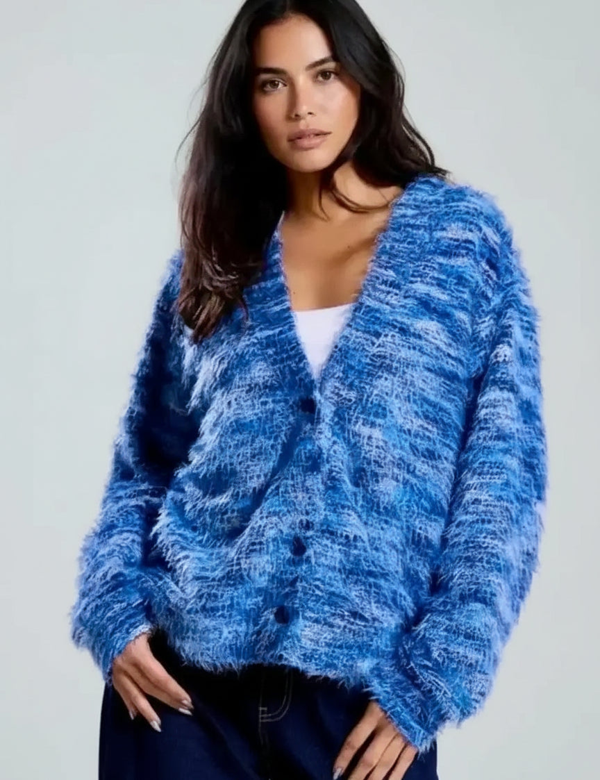 Blue fuzzy marled knit cardigan by Daverri Fashions, open front