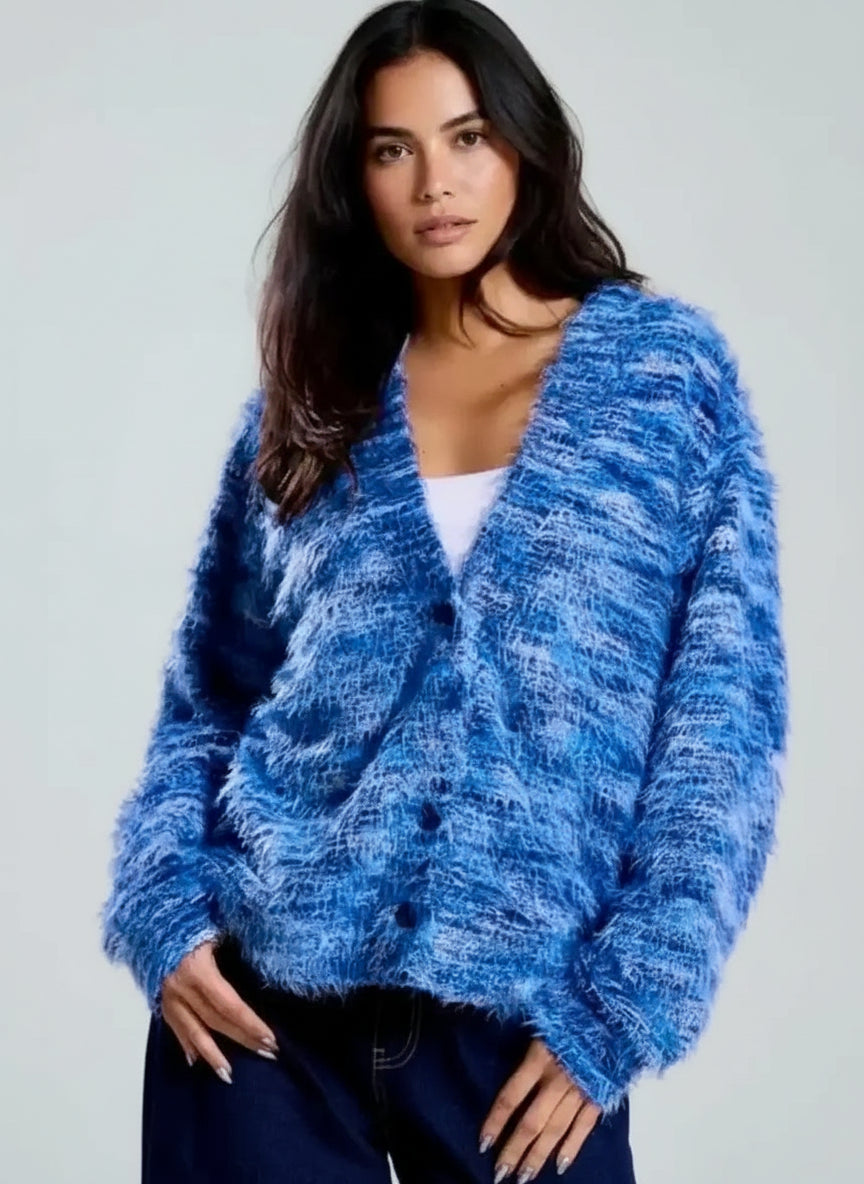 Blue fuzzy marled knit cardigan by Daverri Fashions, open front