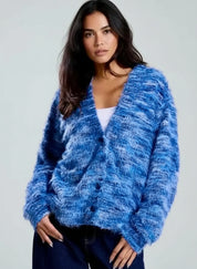 Blue fuzzy marled knit cardigan by Daverri Fashions, open front