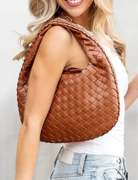 Butter Soft Vegan Leather Woven Handbag Cognac OneSize Handbags