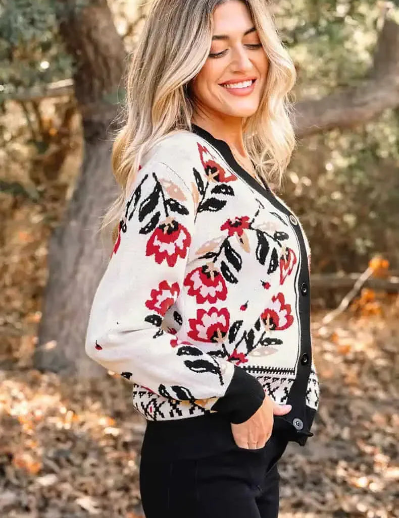 Daverri Fashions Floral Button Down Cardigan with Geometric Border - DAVERRI FASHIONS
