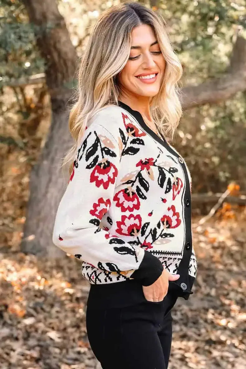 Daverri Fashions Floral Button Down Cardigan with Geometric Border - DAVERRI FASHIONS