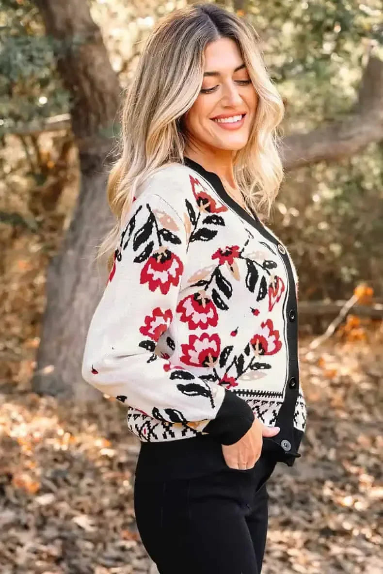 Daverri Fashions Floral Button Down Cardigan with Geometric Border - DAVERRI FASHIONS