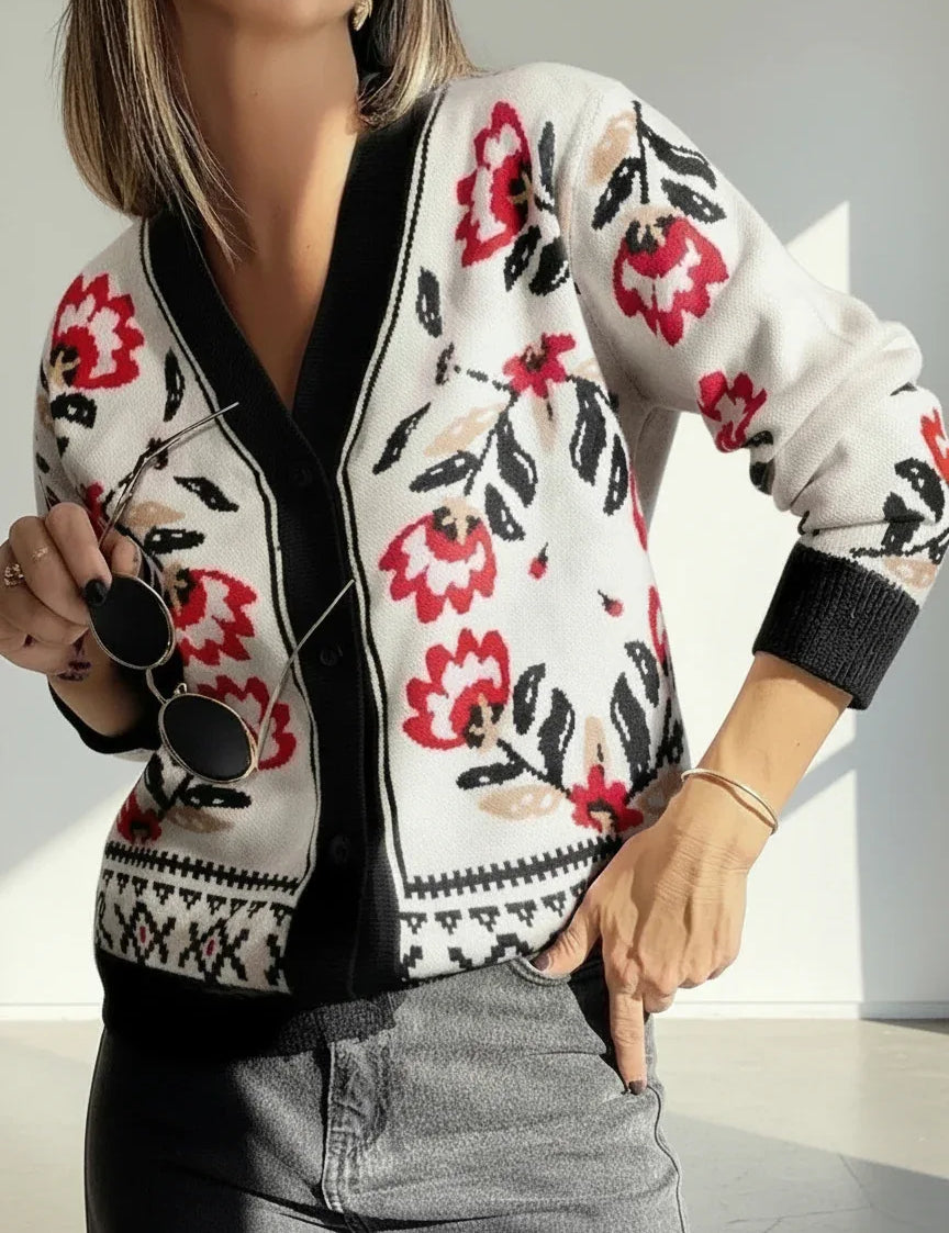 Daverri Fashions Floral Button Down Cardigan with Geometric Border - DAVERRI FASHIONS