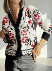 Daverri Fashions Floral Button Down Cardigan with Geometric Border - DAVERRI FASHIONS