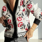 Daverri Fashions floral button-down cardigan with black red accents and geometric border