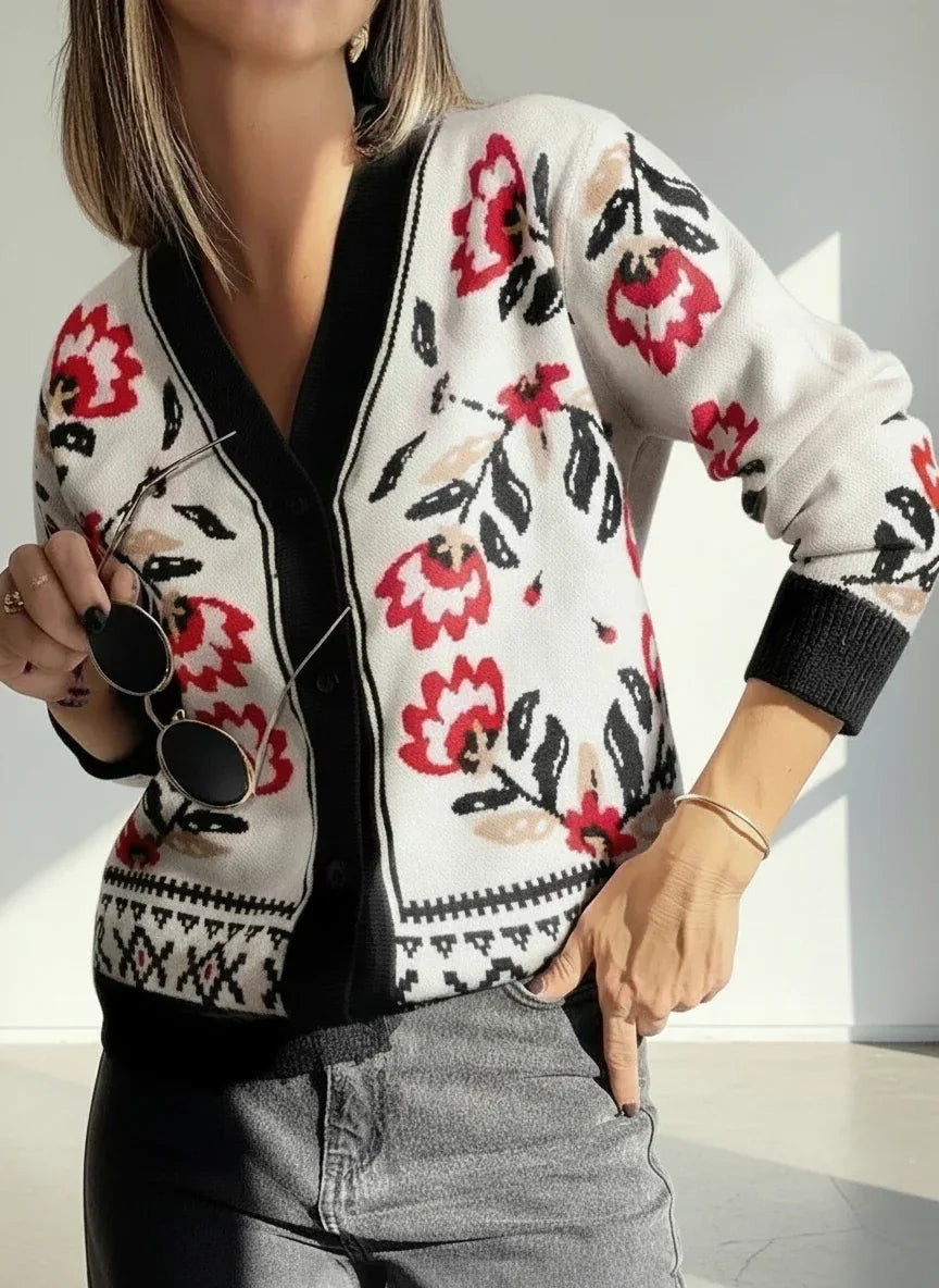 Daverri Fashions floral button-down cardigan with black red accents and geometric border